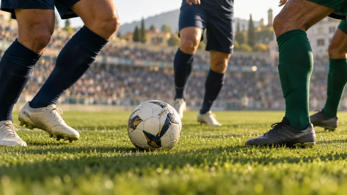 Stadyumda ısınan oyuncuların kramponları ve çim üzerindeki futbol topunun temsili görüntüsü